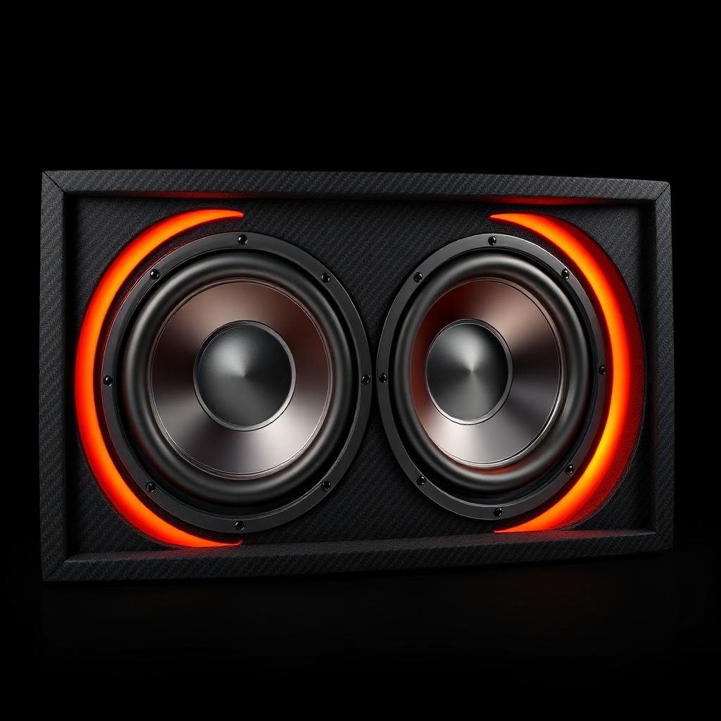 Custom dual subwoofer enclosure with carbon fiber finish and glowing orange interior